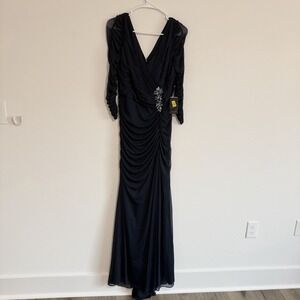 Adrianna Papell Navy Blue Gown Womens Size 6 Beaded Detail 3/4 Sleeve Dress